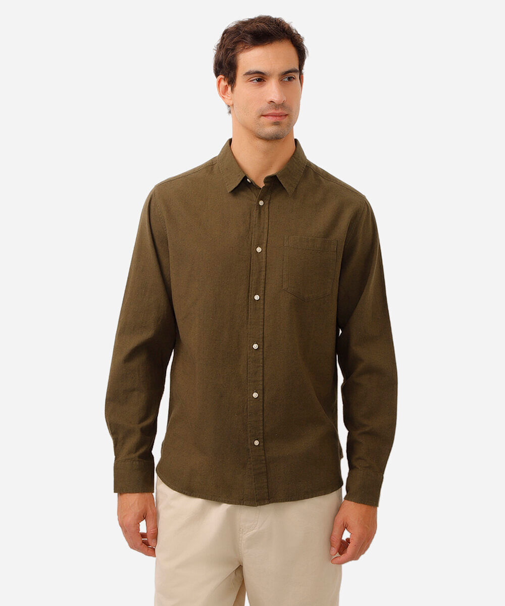 camisa comfort com linho manga longa verde