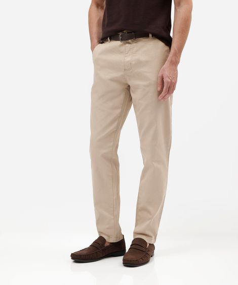 calça slim masculina de sarja com cinto bege