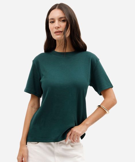 camiseta básica feminina de algodão peruano oversized com fendas verde