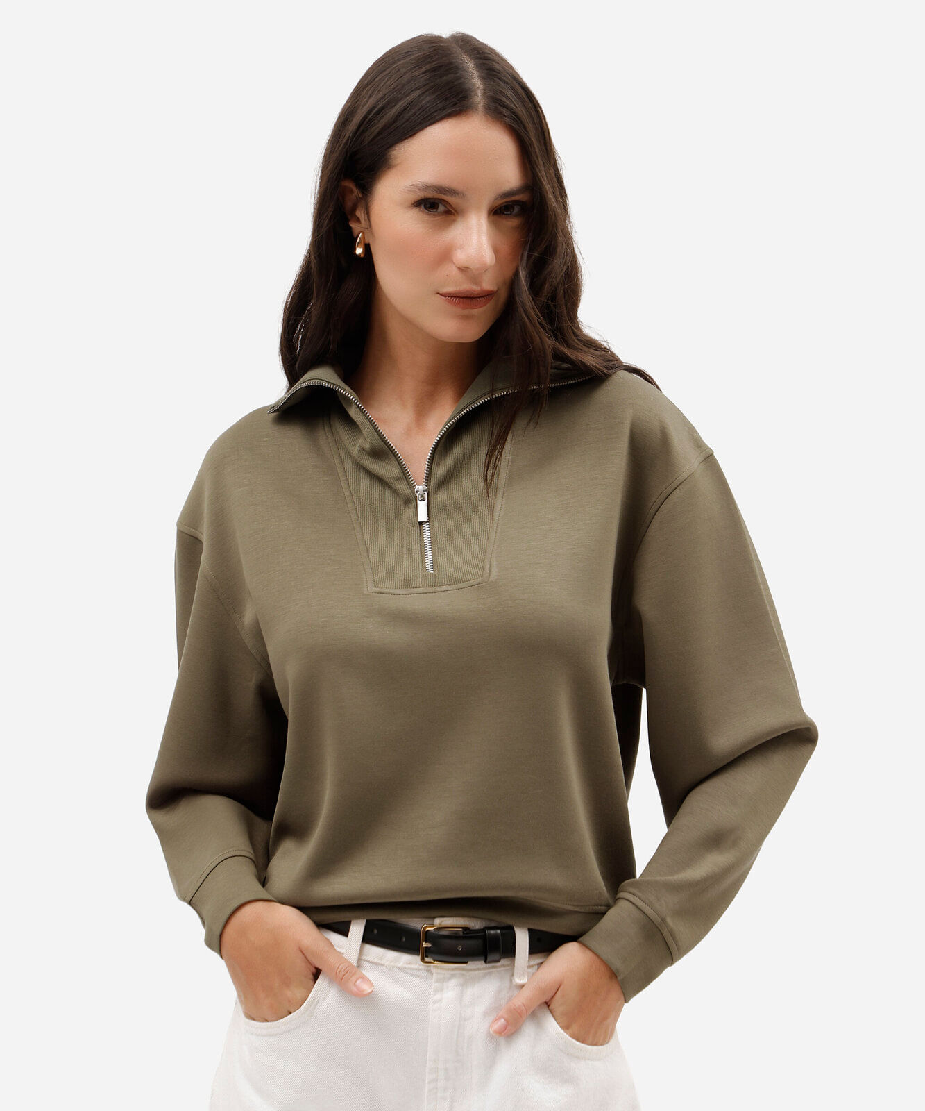 blusão feminino de moletom scuba gola alta com zíper verde