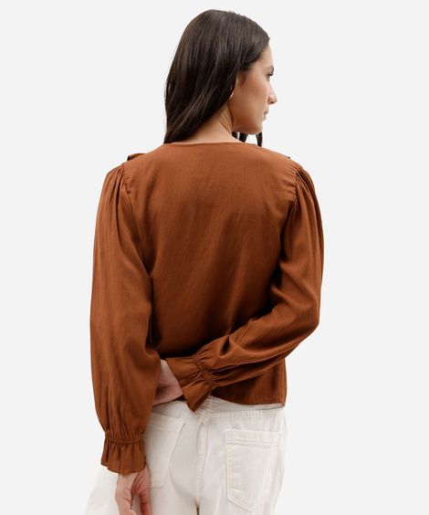 bata feminina de chiffon com babados e manga longa marrom