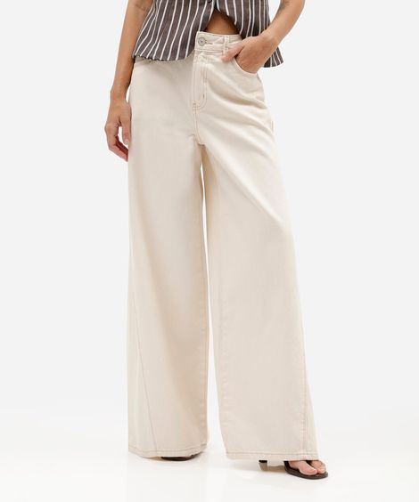 calça super wide leg feminina de sarja com recorte bege