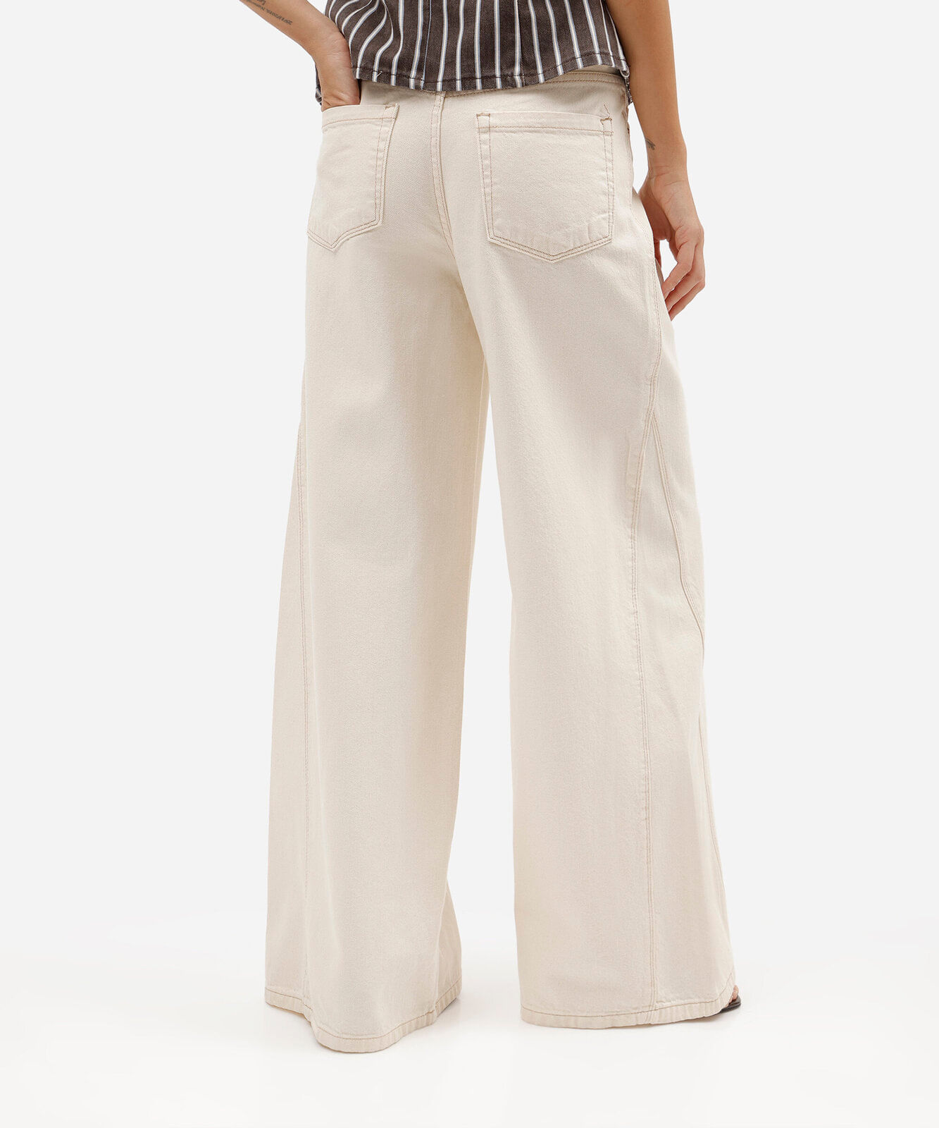 calça super wide leg feminina de sarja com recorte bege