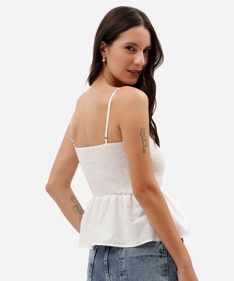 top feminino de alcinha em tricoline com lastex e babado peplum off white