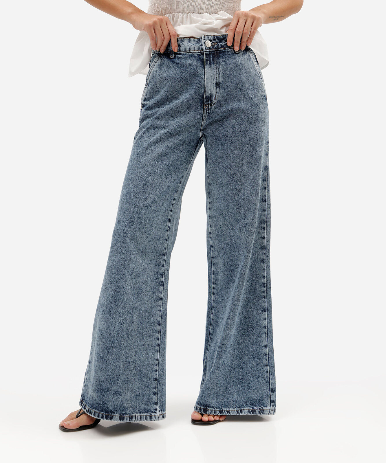calça super wide leg feminina jeans cintura alta sawary azul