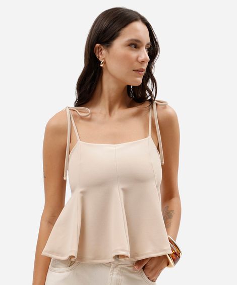 regata peplum feminina com recortes e amarração bege