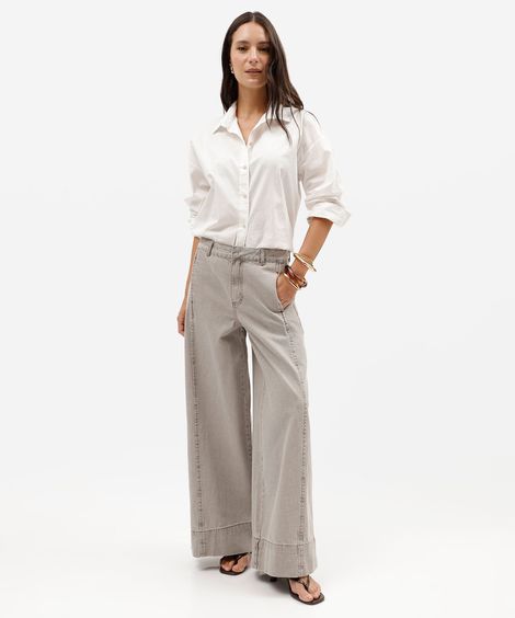calça super wide leg feminina de sarja com recorte cintura alta cinza