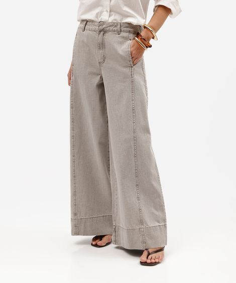 calça super wide leg feminina de sarja com recorte cintura alta cinza