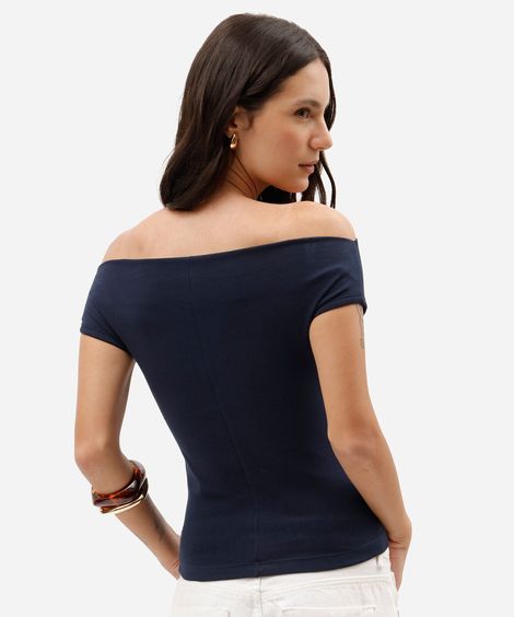 blusa feminina de algodão decote canoa manga curta azul