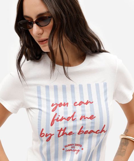 camiseta feminina de algodão manga curta estampada off white