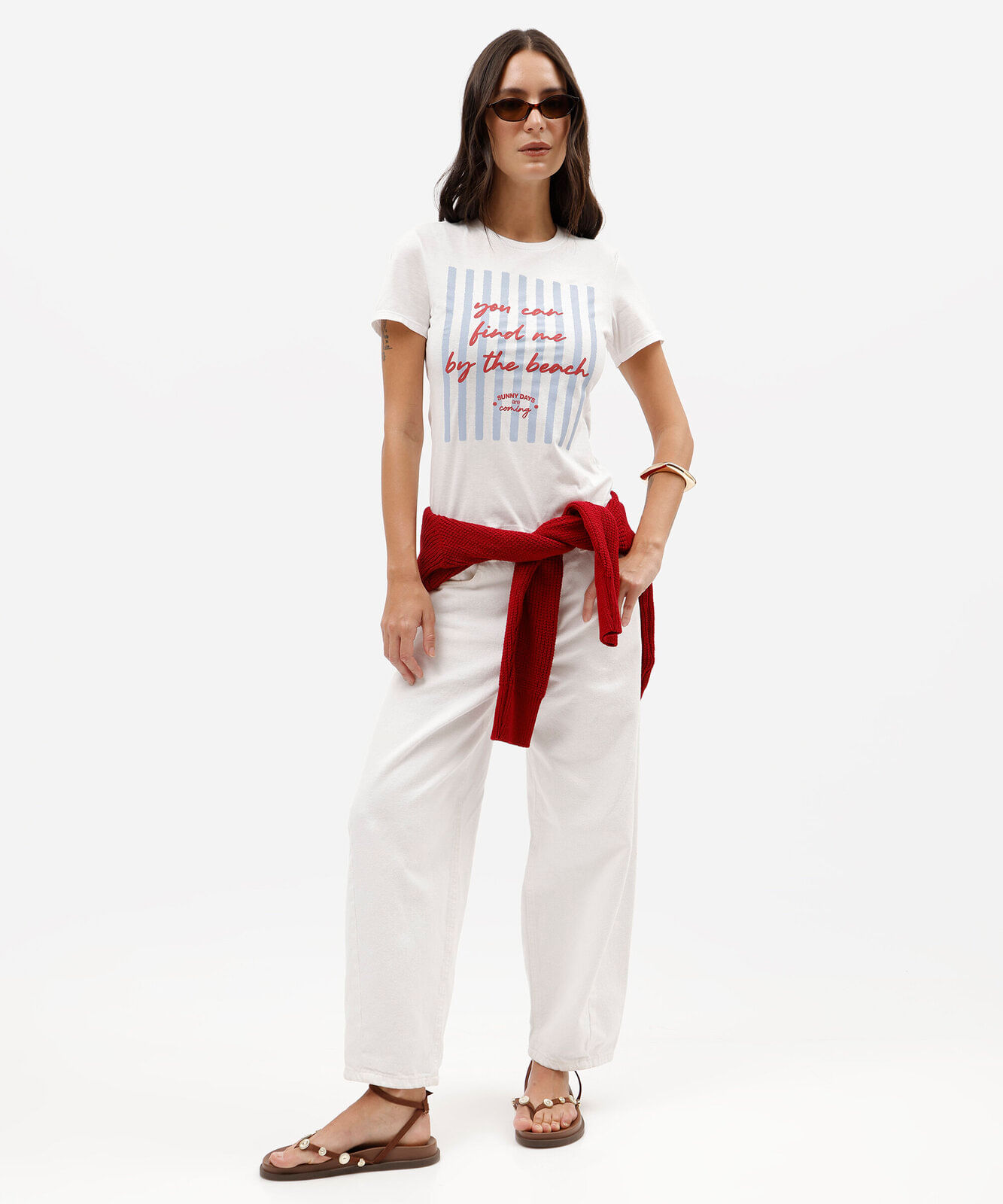 camiseta feminina de algodão manga curta estampada off white