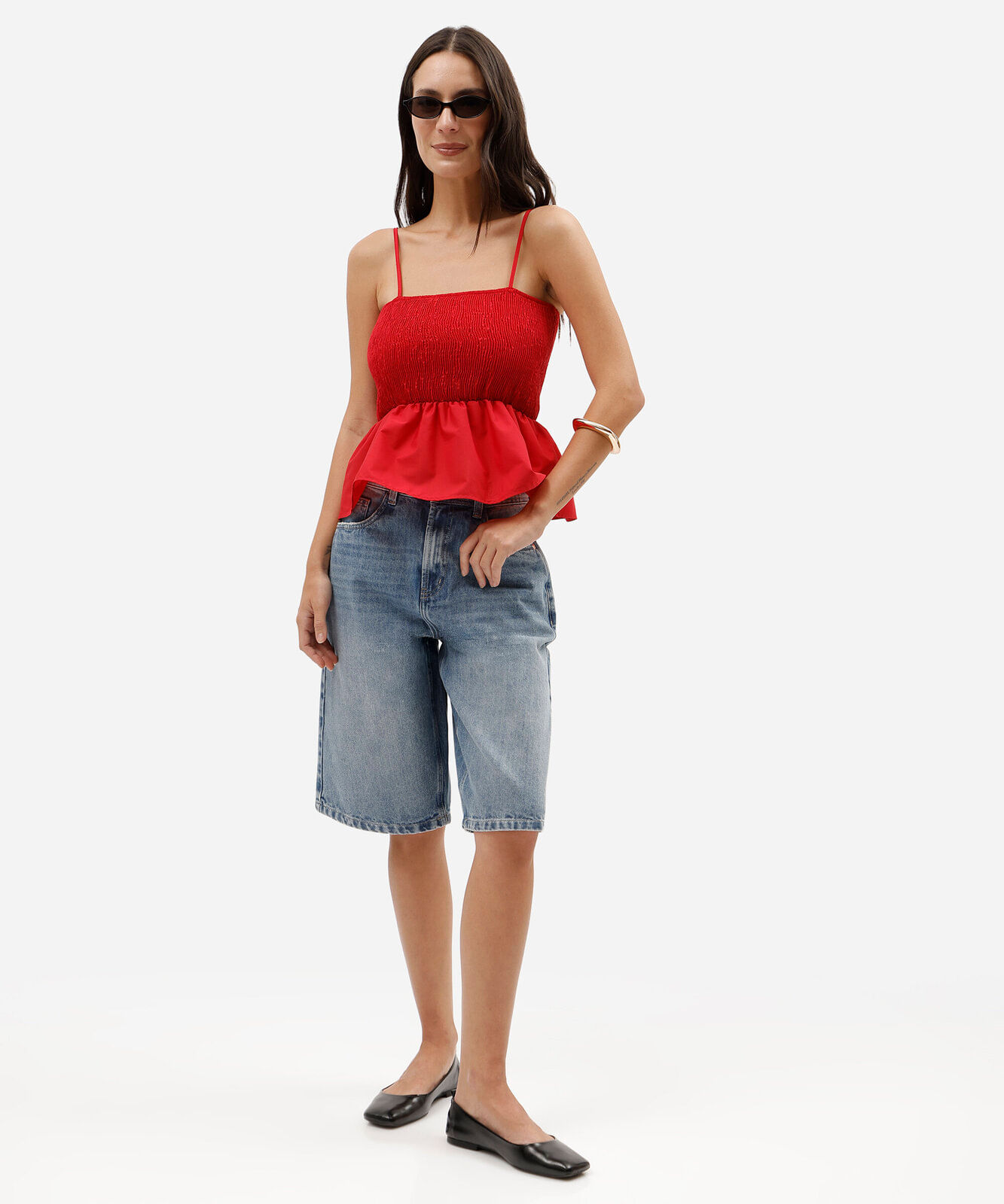 top feminino de alcinha em tricoline com lastex e babado peplum vermelha