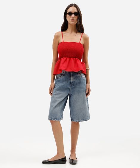 bermuda jeans feminina oversized de cintura alta com lavagem estonada azul
