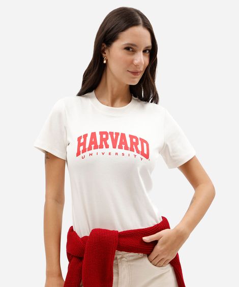 camiseta feminina slim de algodão interlock com estampa harvard off white