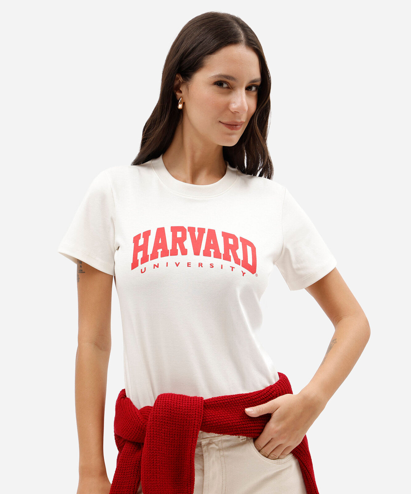 camiseta feminina slim de algodão interlock com estampa harvard off white