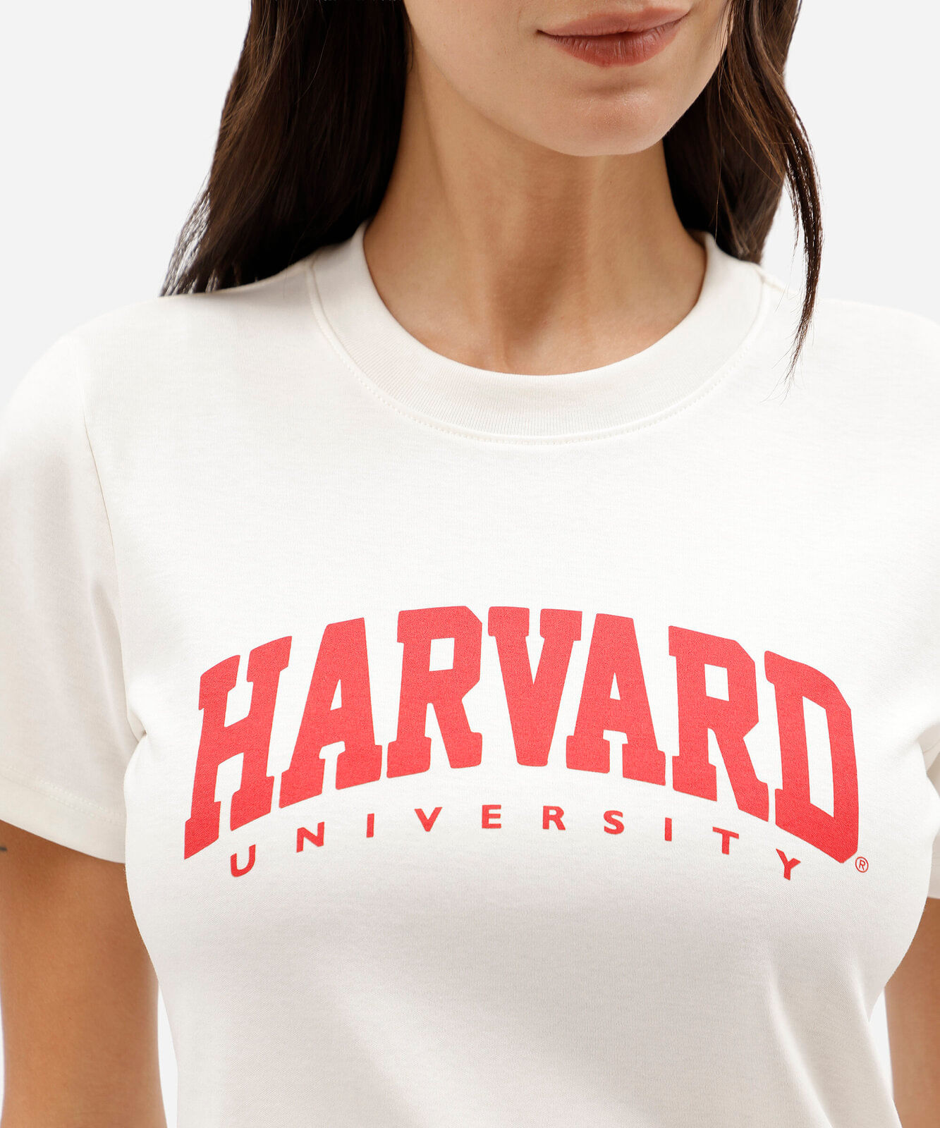 camiseta feminina slim de algodão interlock com estampa harvard off white