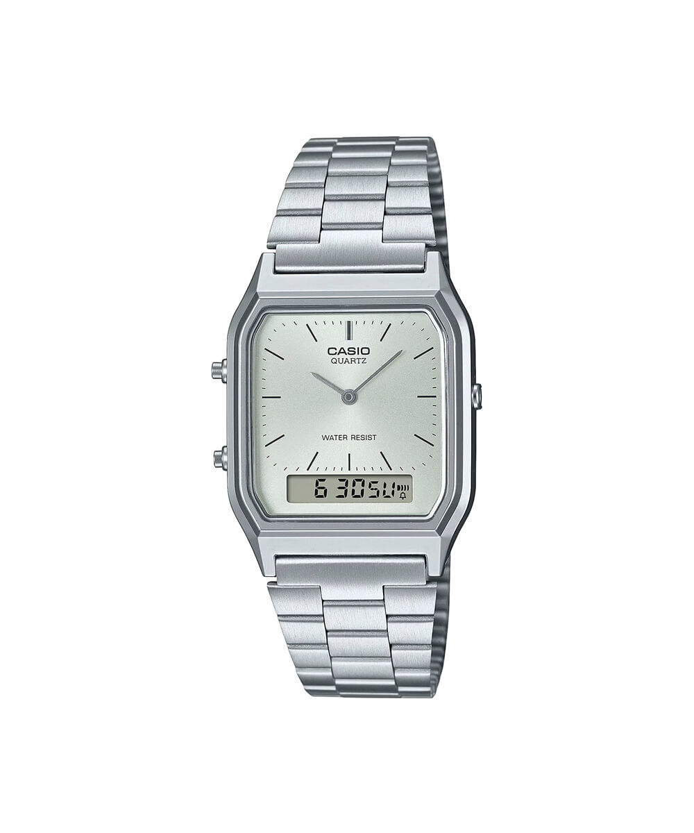 relógio feminino casio analógico digital aq 230a 7amqydf prateado