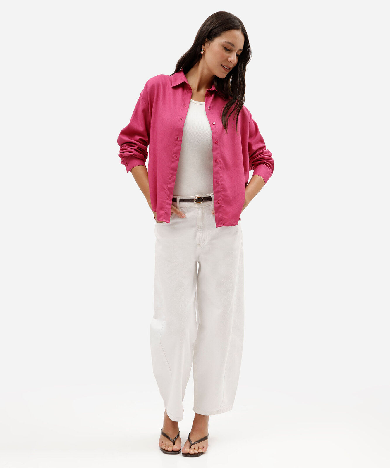 camisa oversized com linho manga longa rosa