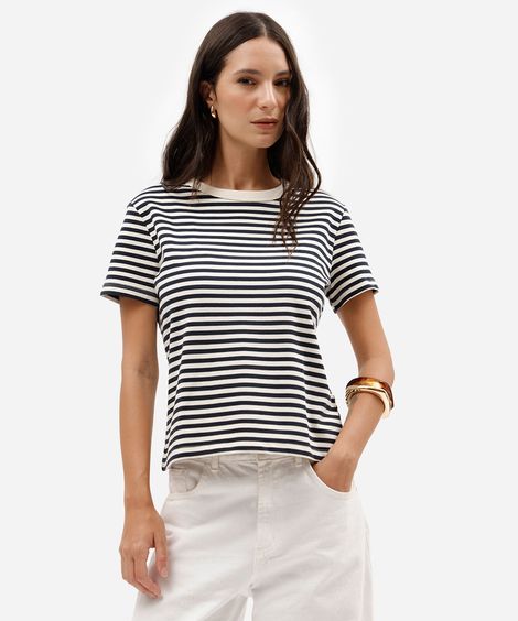 camiseta feminina de algodão manga curta listrada azul