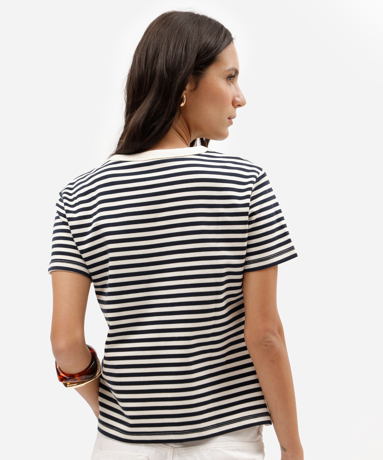 camiseta feminina de algodão manga curta listrada azul