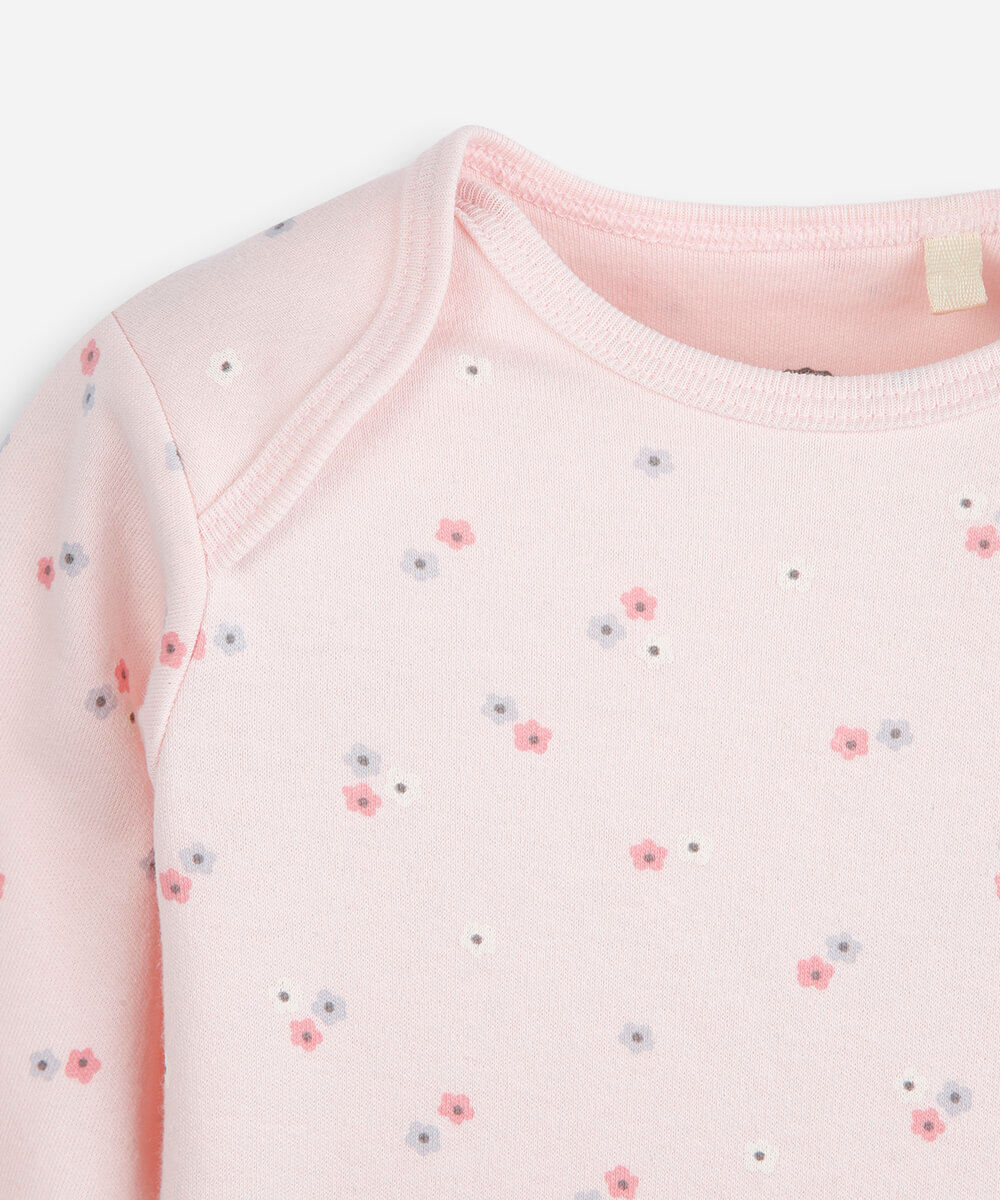body infantil de algodão manga longa floral rosa