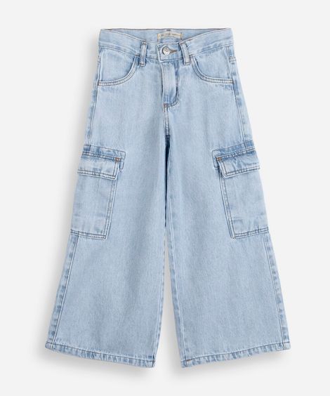 calça wide leg cargo infantil jeans  cintura média azul