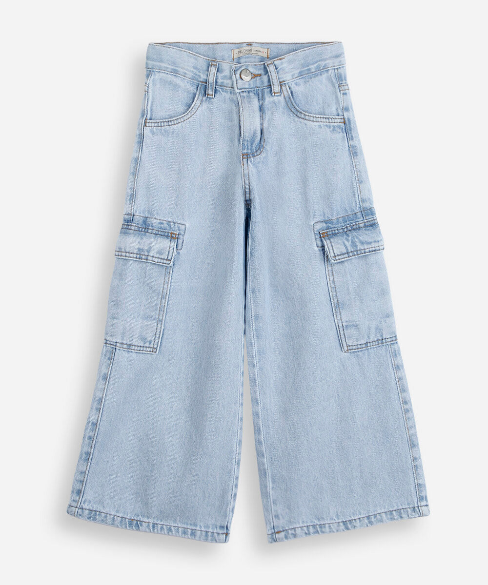 calça wide leg cargo infantil jeans  cintura média azul