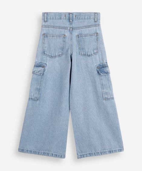 calça wide leg cargo infantil jeans  cintura média azul