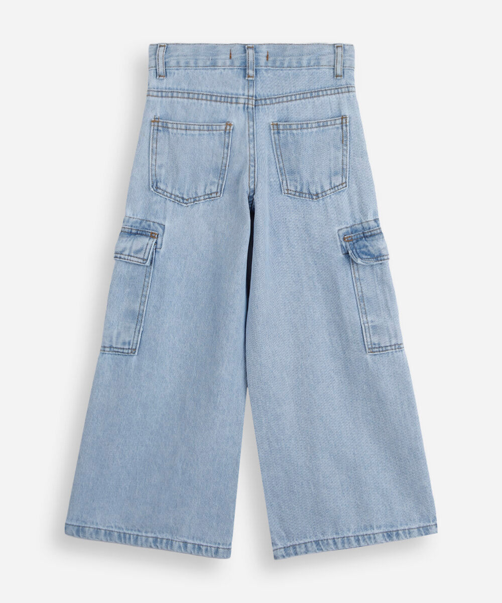 calça wide leg cargo infantil jeans  cintura média azul