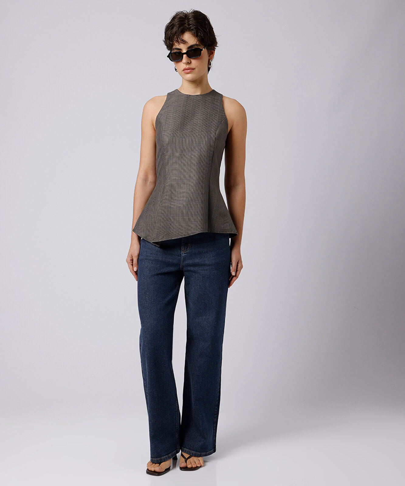 blusa peplum feminina de alfaiataria xadrez mindset cinza