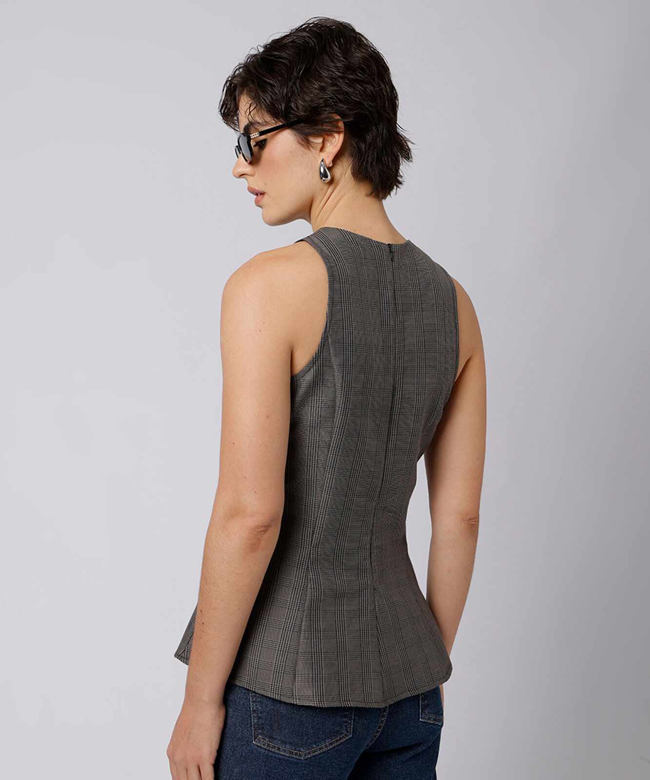 blusa peplum feminina de alfaiataria xadrez mindset cinza