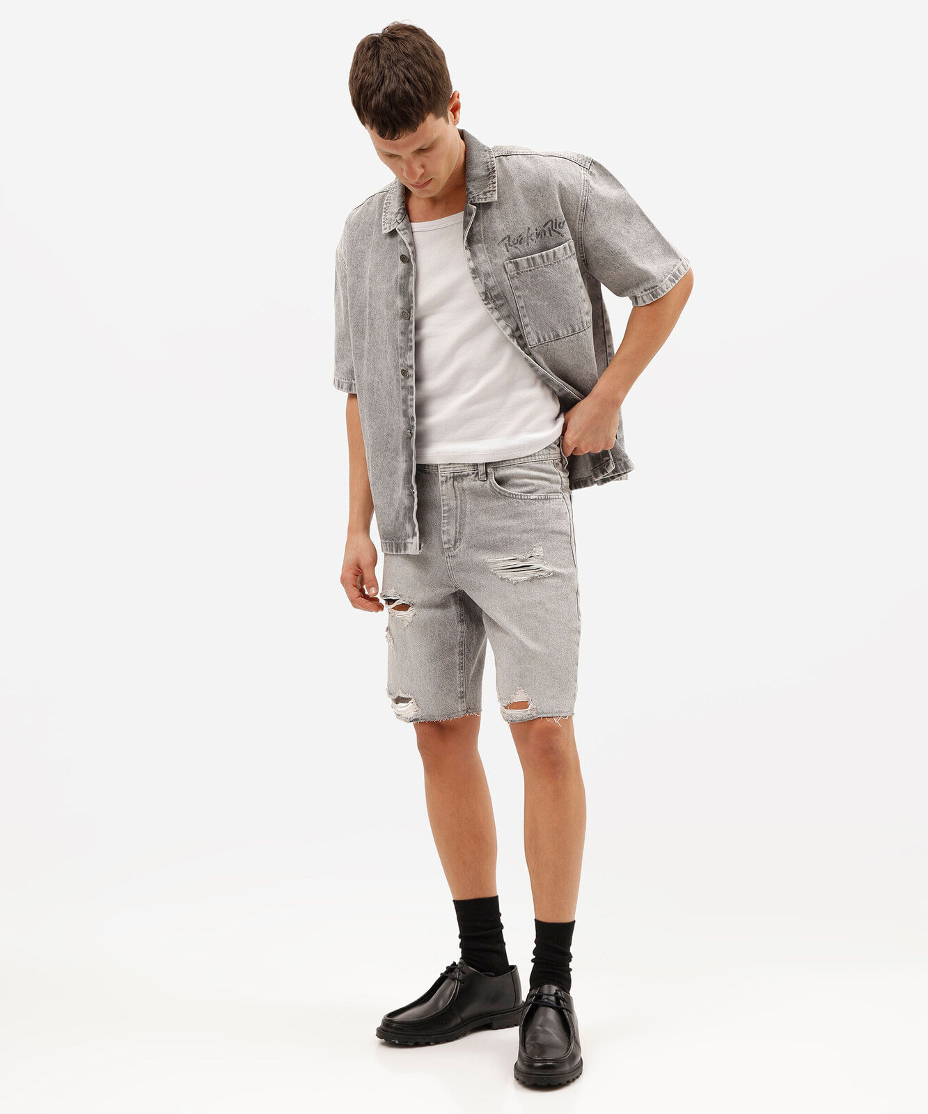bermuda slim urban masculina jeans preta cinza