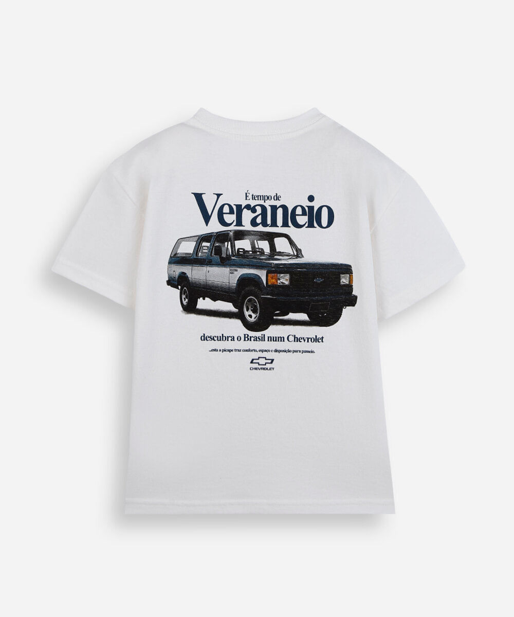 camiseta infantil de algodão manga curta chevrolet veraneio off white