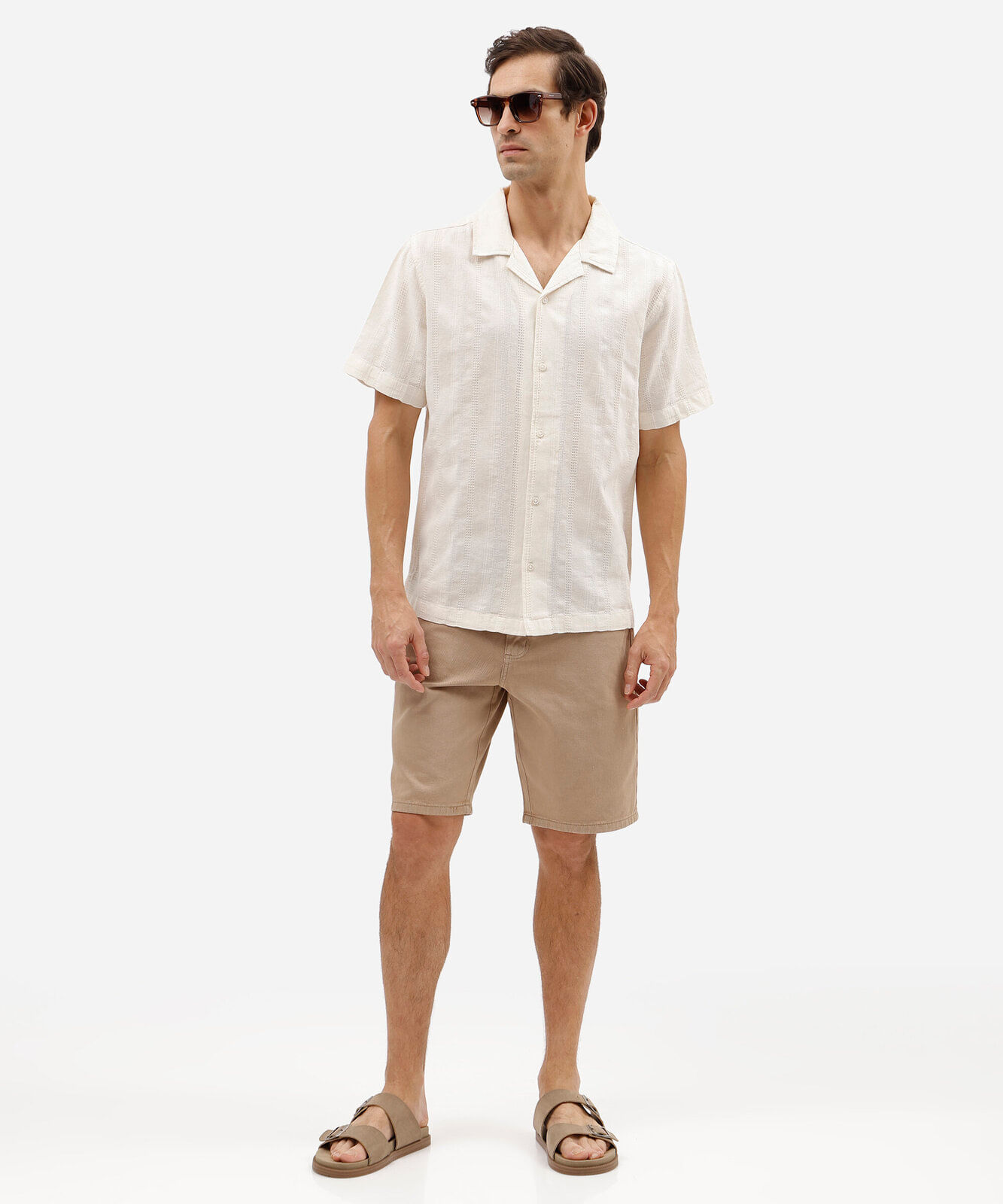 camisa masculina comfort de algodão com linho texturizada off white