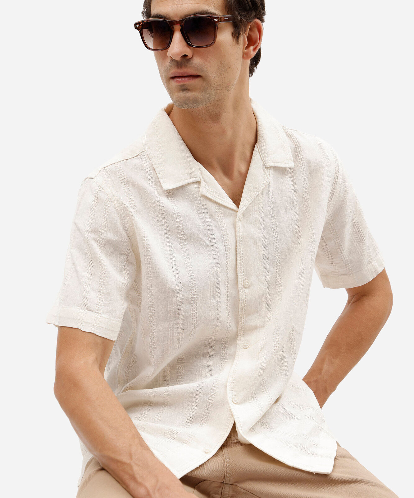 camisa masculina comfort de algodão com linho texturizada off white