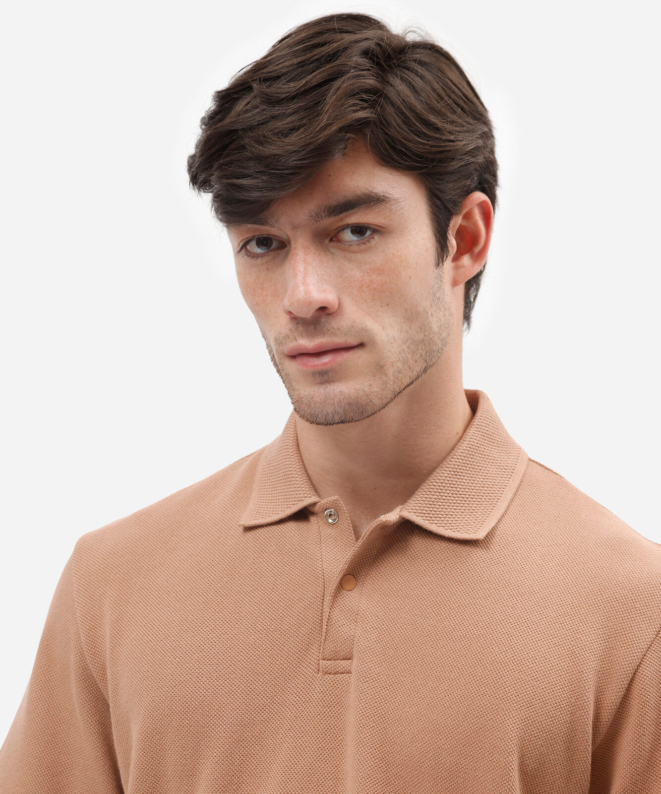 camisa polo comfort masculina texturizada em malha piquet bege