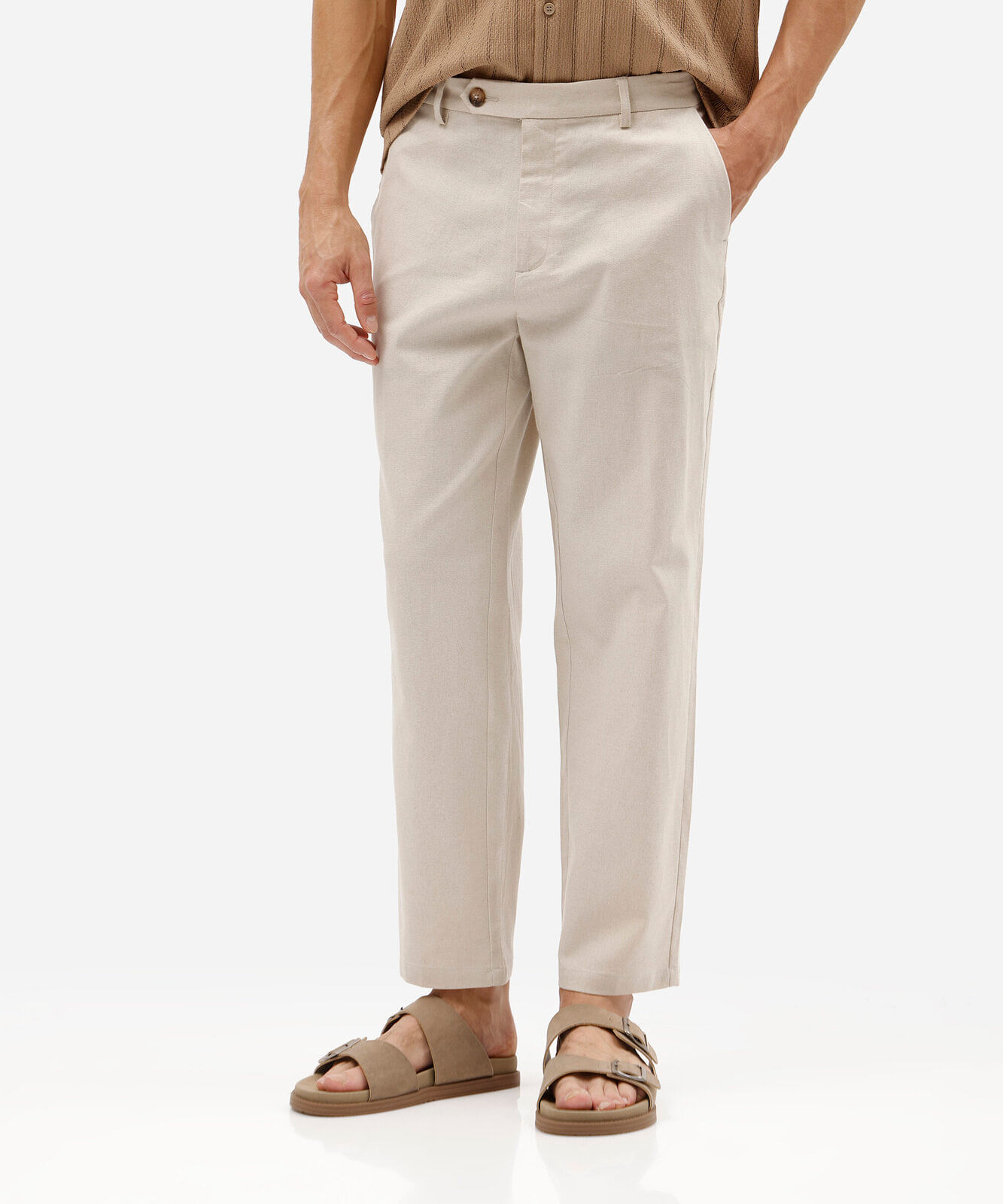 calça chino slim masculina com linho bege