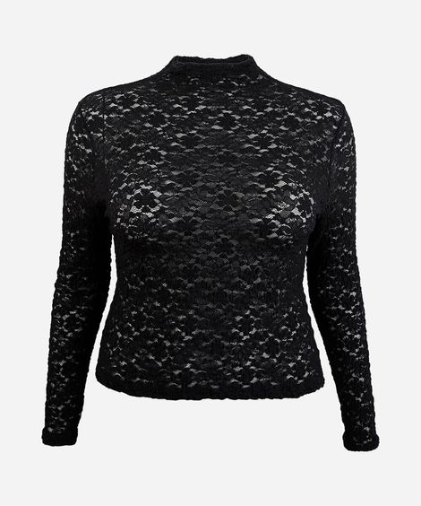 blusa feminina de renda gola alta manga longa plus size floral preta
