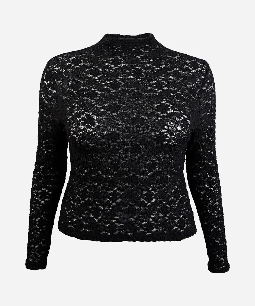 blusa feminina de renda gola alta manga longa plus size floral preta