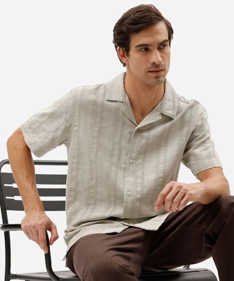 camisa masculina comfort de algodão com linho texturizada verde