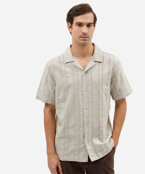 camisa masculina comfort de algodão com linho texturizada verde