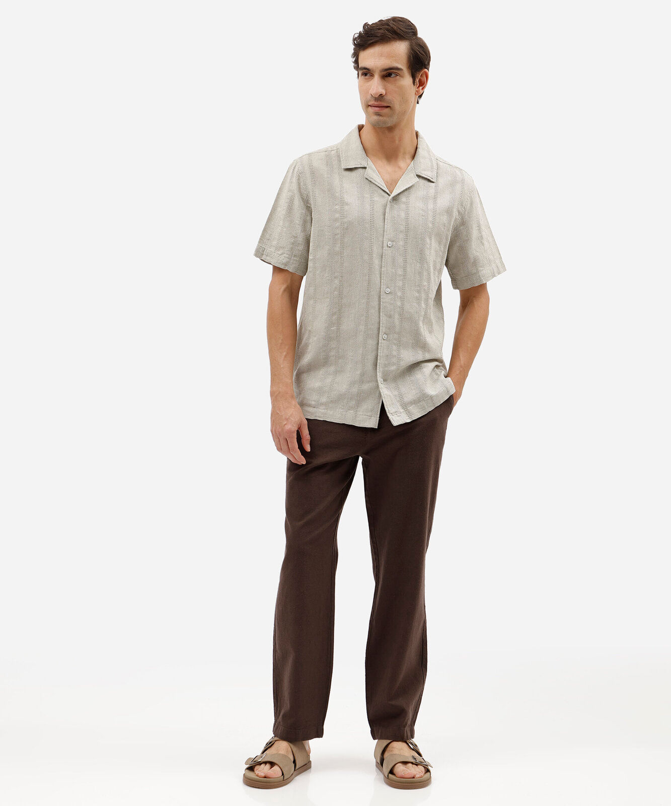camisa masculina comfort de algodão com linho texturizada verde