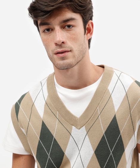 colete de tricô masculino oversized de algodão com estampa argyle bege