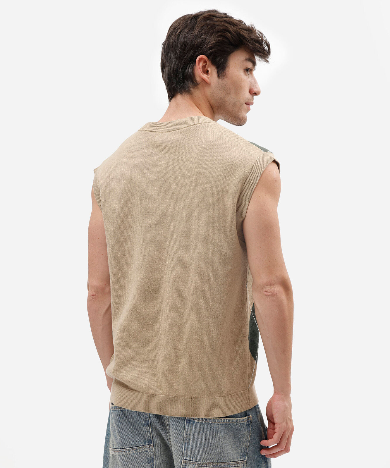 colete de tricô masculino oversized de algodão com estampa argyle bege