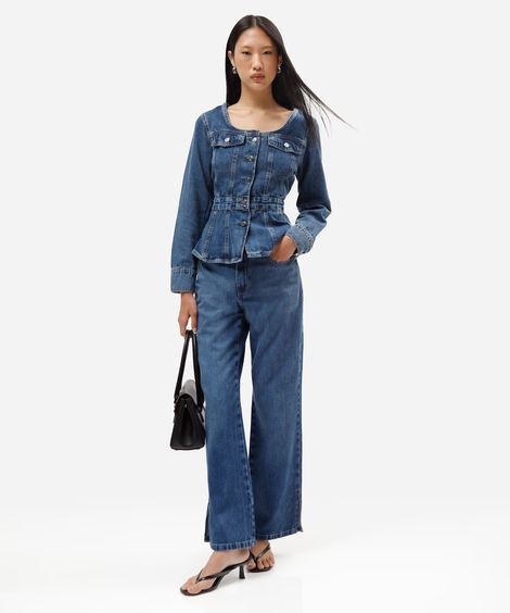 calça wide leg slim feminina cintura baixa azul