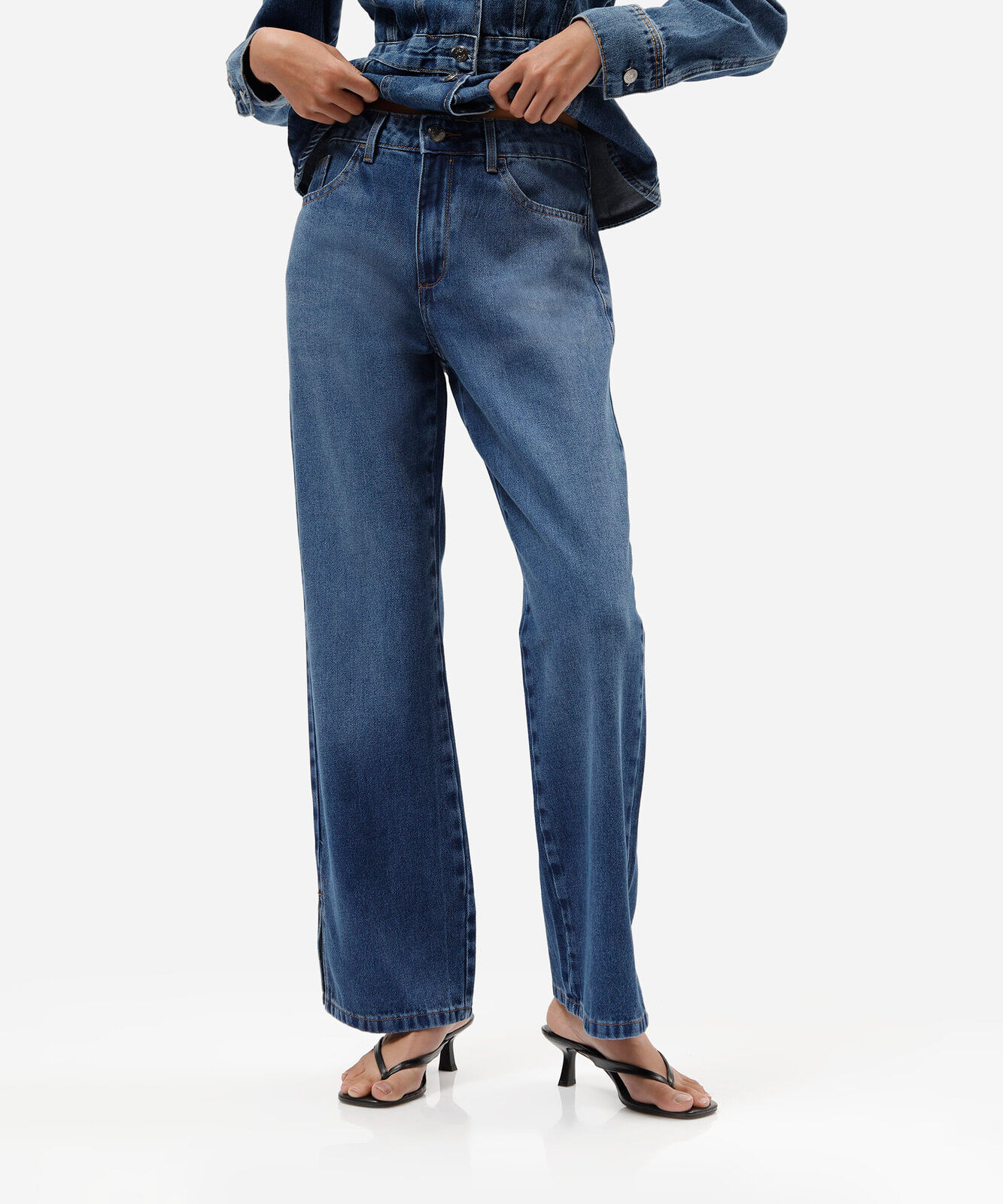 calça wide leg slim feminina cintura baixa azul