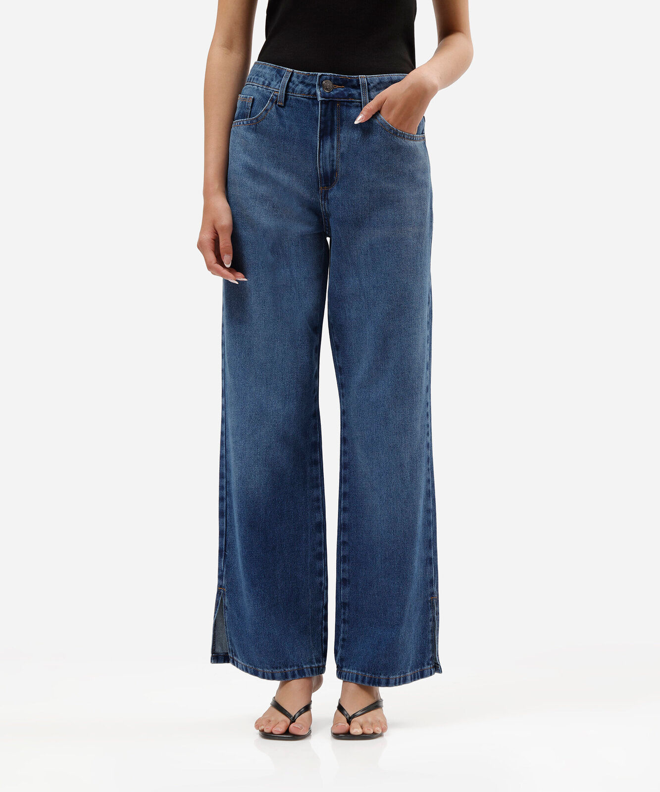 calça wide leg slim feminina cintura baixa azul