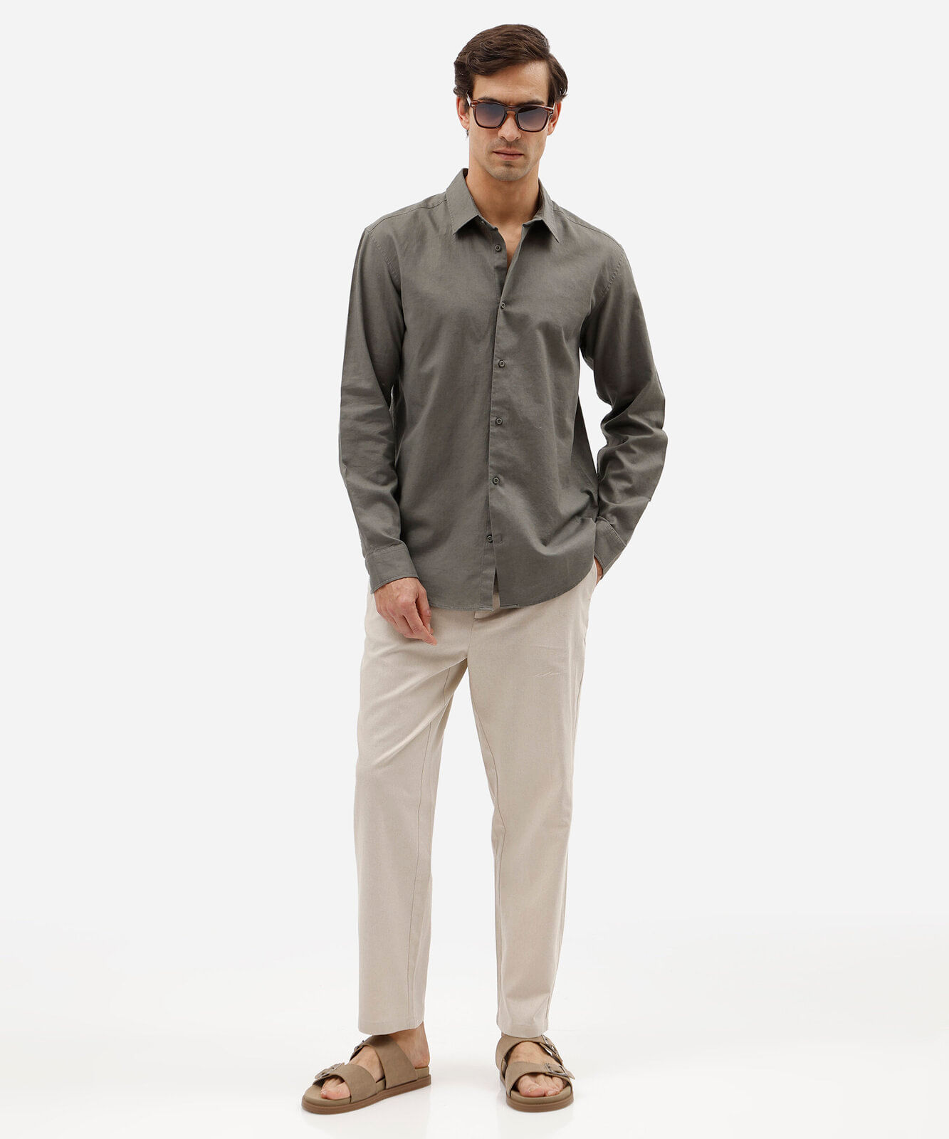 camisa masculina com linho manga longa verde