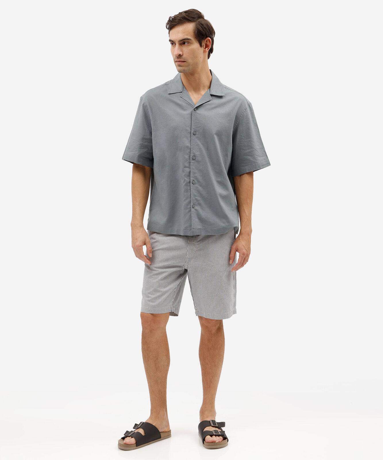 camisa masculina com linho manga curta azul