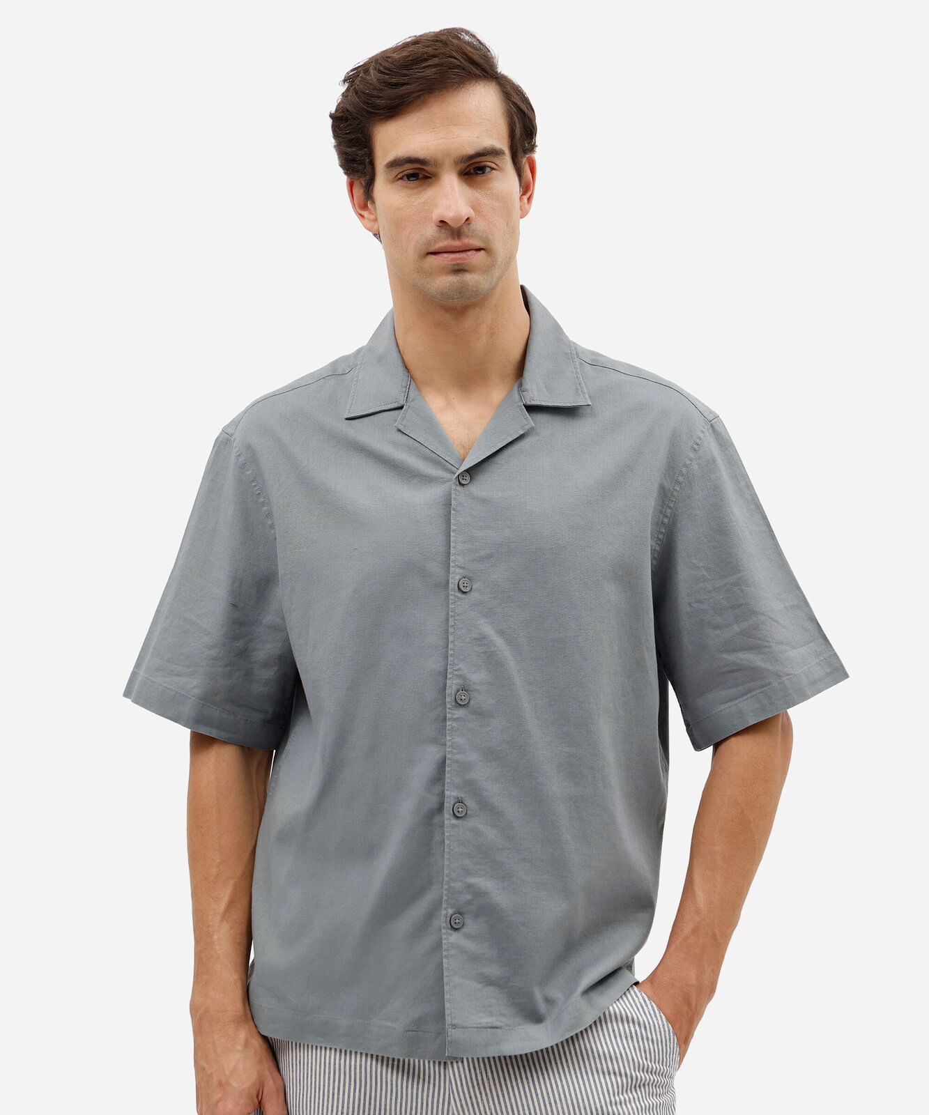 camisa masculina com linho manga curta azul